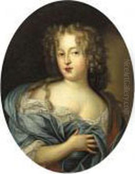 Portrait Of A Lady, Wearing A Blue Dress With Lace Chemise And Wrap - view 1