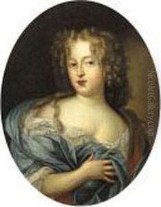 Portrait Of A Lady, Wearing A Blue Dress With Lace Chemise And Wrap