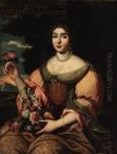 Portrait Of Louise De Belsunce, 
Duchess De La Force, Seatedthree-quarter-length, In A Gold Embroidered 
Dress, Holding A Basketof Flowers, In A Landscape - view 1