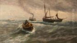 Seascape Off Yarmouth With
Figures In A Rowing Boat Near Sailing Vessels And A Paddle Steamer by Thomas Rose Miles