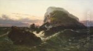 A Rocky Outcrop At Sunset - 'solitude - Mackdara's Isle' by Thomas Rose Miles