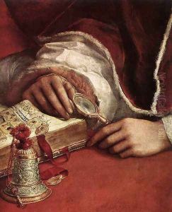 Pope Leo X with Cardinals Giulio de' Medici and Luigi de' Rossi [detail: 2] by Raphael