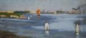"barche A Venezia" Olio Su Cartone Firmato In Basso A Sinistra. In Cornice by Alessandro Milesi