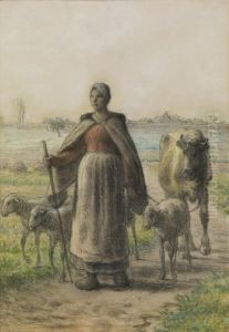 Paysanne Conduisant Aux Champs Sa Vache Et Ses Moutons