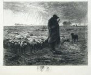 The Shepherd, With Engraving Of Peasant Woman Below Image by Jean-Francois Millet