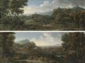 An Extensive Italianate 
Landscape With Travellers On A Track, Atown Beyond; And An Extensive 
Italianate River Landscape Withdrovers And Their Cattle On A Track, A 
Town Beyond by Jean-Francois Millet