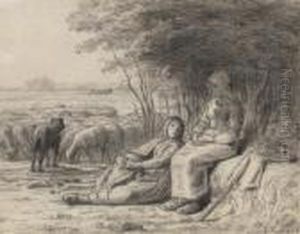 Two Shepherdesses And Their Flock by Jean-Francois Millet
