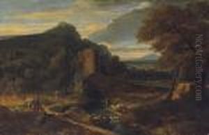 An Italianate River Landscape With Figures Bathing, Ancient Ruins Beyond by Jean-Francois Millet