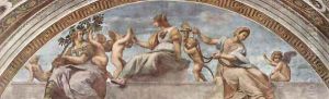 Stanza della Segnatura in the Vatican for Pope Julius II, scene allegory of virtue by Raphael
