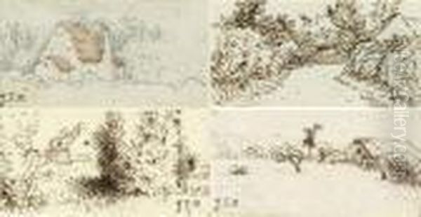 Quatre Chaumieres
Quatre Dessins A L'encre Brune Et Crayon (l'un Rehausse D'aquarelle), Cachet Des Initiales. - view 1