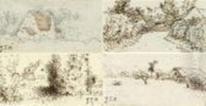 Quatre Chaumieres
 Quatre Dessins A L'encre Brune Et Crayon (l'un Rehausse D'aquarelle), Cachet Des Initiales. by Jean-Francois Millet