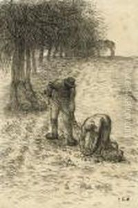 Peasants Digging For Potatoes, A Donkey Seen Beyond by Jean-Francois Millet