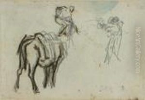 Feuille D'etudes Avec Un Cheval Et Deux Personnages
