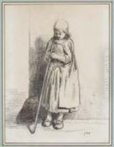 Filette Adossee Contre Un Mur Et Tenant Un Baton by Jean-Francois Millet