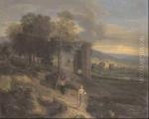 Le Portatrici D'acqua, Entro Paesaggio Con Rovine E Specchio D'acqua Sullo Sfondo by Jean-Francois Millet