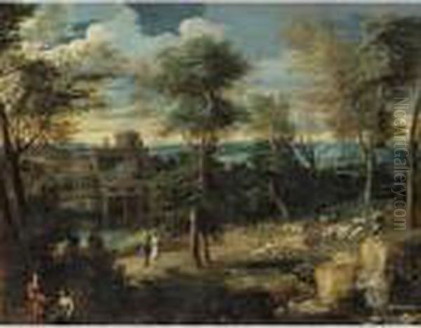 A Classical Landscape With A Shepherd And His Flock Together With Numerous Other Figures - view 1