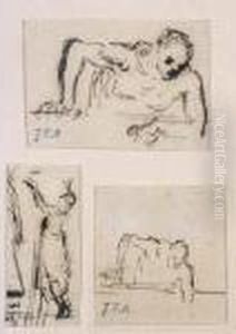 Three Studies: Two Of A Man Leaning From A Window And One Of A Woman On Tip-toes