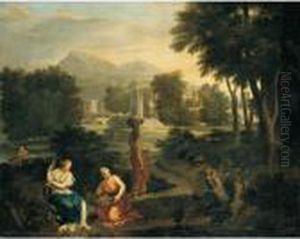 A Classical Landscape With Women Gathering Flowers, A Town Beyond by Jean-Francois Millet