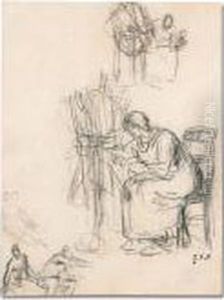 Sketch Sheet With A Woman Spinning And Other Figures by Jean-Francois Millet