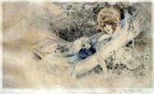 Jeune Femme Allongee Au Petit Chien.