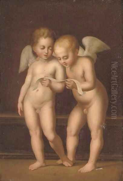 Two putti reading - view 1