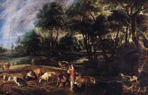 Landscape with Cows and Wildfowlers c. 1630 by (studio of) Rubens, Peter Paul