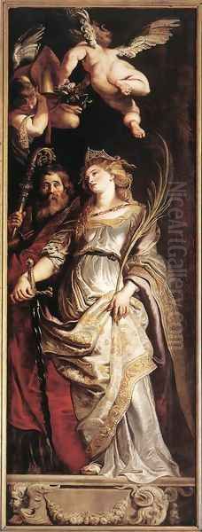 Raising of the Cross [detail: Sts Eligius and Catherine] - view 1