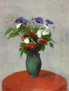Vase Of Flowers On A Red Tablecloth by Odilon Redon