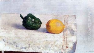 Pepper And Lemon On A White Tablecloth by Odilon Redon