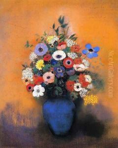 Minosas Anemonies And Leaves In A Blue Vase by Odilon Redon