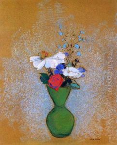 Rose Peony And Cornflowers In A Green Vase by Odilon Redon