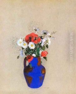 Poppies And Daisies In A Blue Vase by Odilon Redon