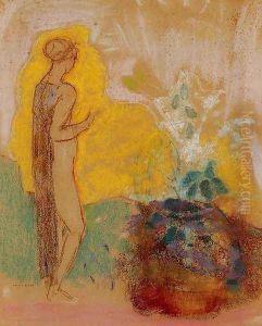 Woman And Stone Pot Full Of Flowers by Odilon Redon