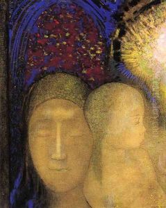 Woman And Child Against A Stained Glass Background by Odilon Redon