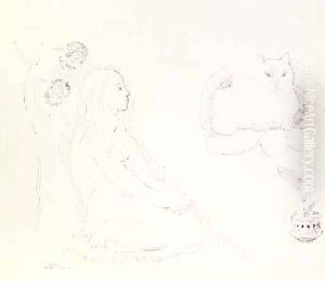 Jeune fille avec chat et fleurs by Odilon Redon