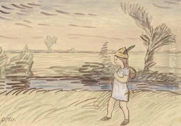 Madchen Mit Rucksack Und Jagerhut In Worpsweder Landschaft - view 1