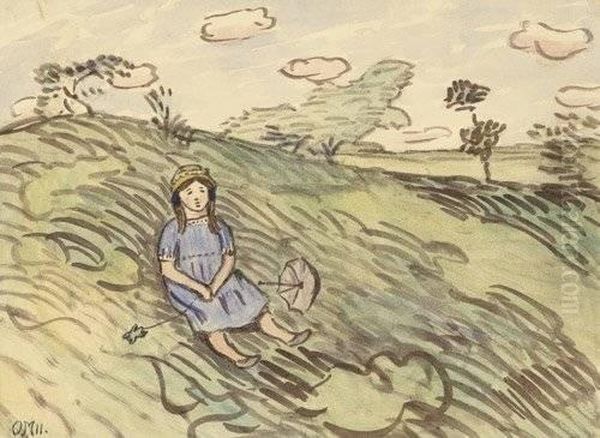 Sitzendes Madchen In Der Worpsweder Heide, Mit Sonnenschirm Und Kleinem Drachen - view 1