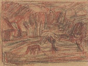 Village Square With Horse. 
Charcoal And Red Chalk On Paper. - Corners Minimally Creased. Margin 
Minimally Stained