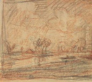 Landscape With Trees. Charcoal And Red Chalk On Paper. - Minimally Stained by Otto Modersohn