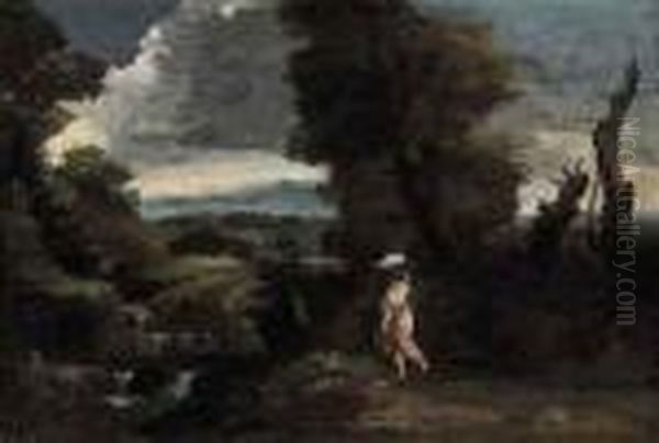 A Wooded Landscape With A Washerwoman Approaching A Stream - view 1