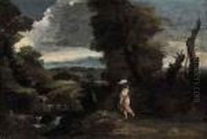 A Wooded Landscape With A Washerwoman Approaching A Stream by Pier Francesco Mola