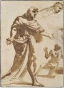 A Standing Draped Male Figure 
And A Separatestudy Of His Head And Shoulders, And A Kneeling Man