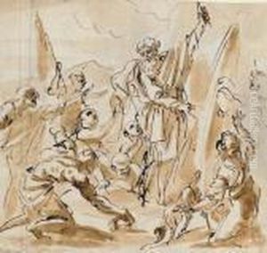 A Prophet Preaching To A Crowd ; A Seated Woman Facing Right by Pier Francesco Mola