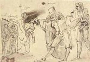 A Caricature Of The Artist 
Presenting A Picture Of Himself And Simonelli To The Collector Panesio 
And Another Spectator by Pier Francesco Mola