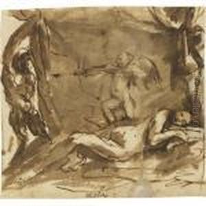 A Putto Protecting The Sleeping Venus From A Spying Faun by Pier Francesco Mola