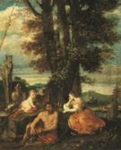 Putto, Satyre Et Bacchante Dans Un Paysage Arcadien