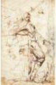 Portrait De Gentilhomme En Pied,
 Le Bras Pose Sur Une Balustrade Et Accompagne D'un Chien