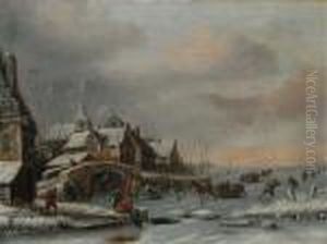 Hollandische Winterlandschaft 
Miteingefrorenem Stadtbild Und Reicher Figurenstaffage Beim Eislauf