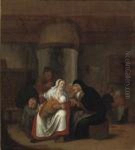 A Woman Holding A Child In An 
Interior, An Old Woman Sitting Next To Her And Other Figures In The 
Background by Jan Miense Molenaer