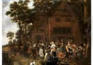 Tanzende Bauern Vor Stattlichem Gebaude Unter Baumen